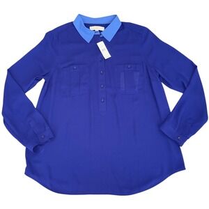 Ann‎ Taylor LOFT NWT Blue Long Sleeve Sheer Button Front Shirt Size L Blouse